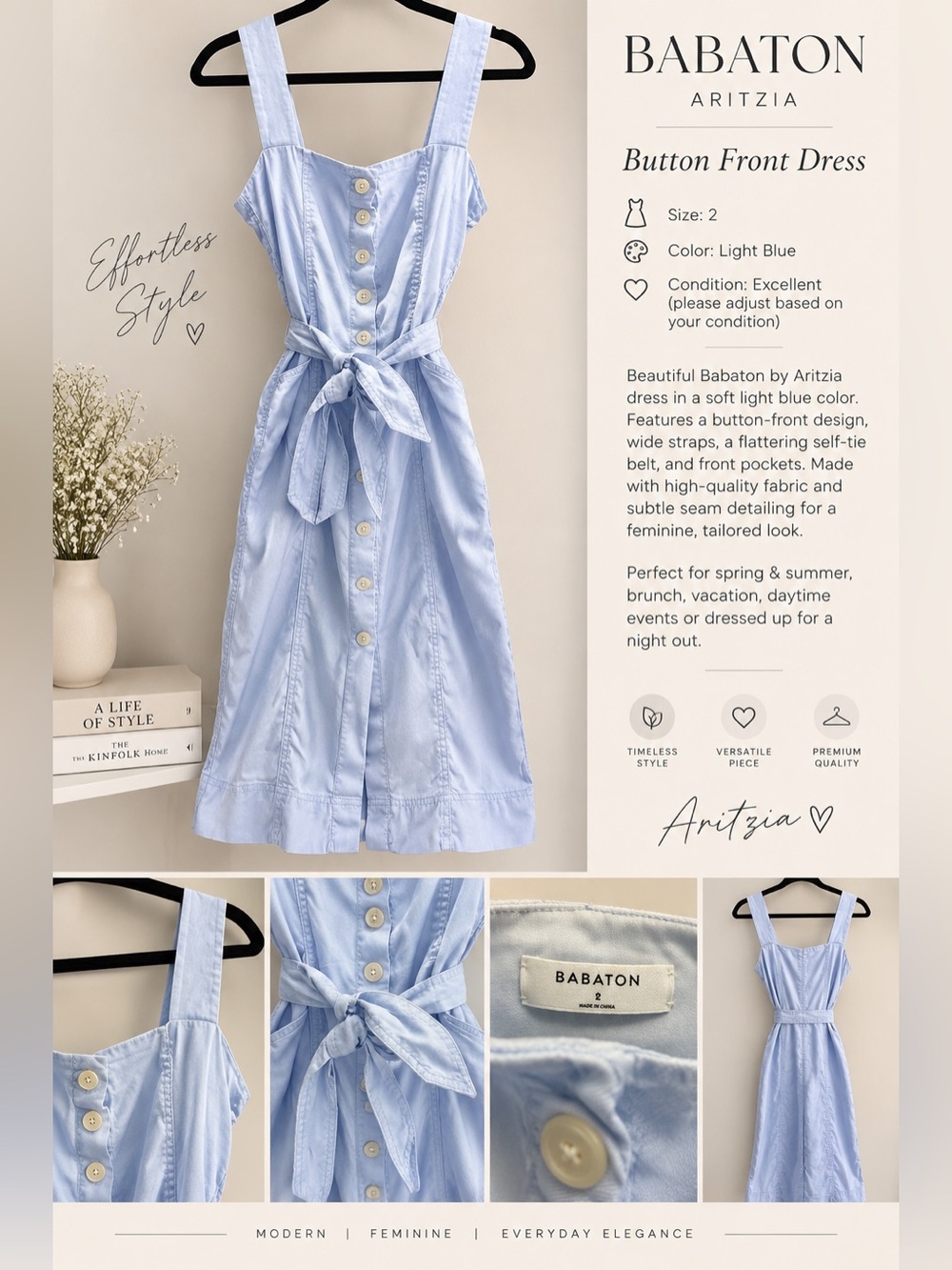 Babaton Aritzia Light Blue Button Front Belted Dress Size 2